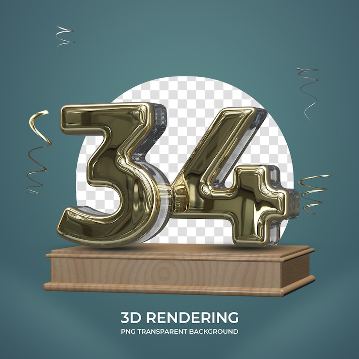 PSD número de oro 34 en el escenario 3d render fondo transparente