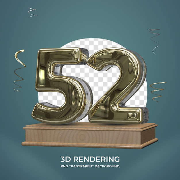 Número de oro 52 en el escenario 3d render fondo transparente