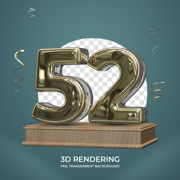 PSD número de oro 52 en el escenario 3d render fondo transparente