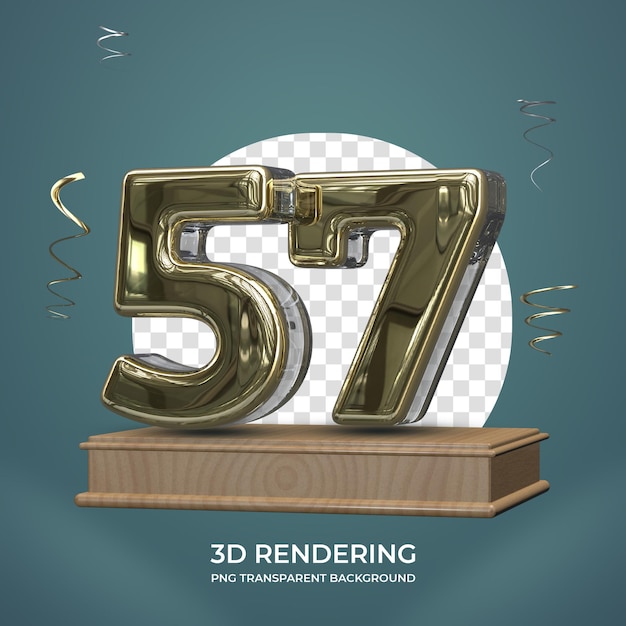 Número de oro 57 en el escenario 3d render fondo transparente