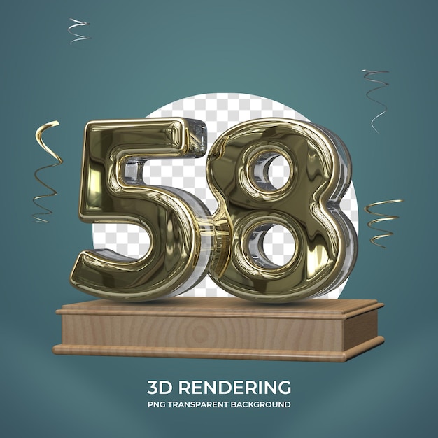 Número de oro 58 en el escenario 3d render fondo transparente