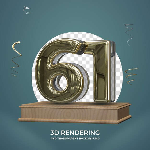 Número de oro 61 en el escenario 3d render fondo transparente