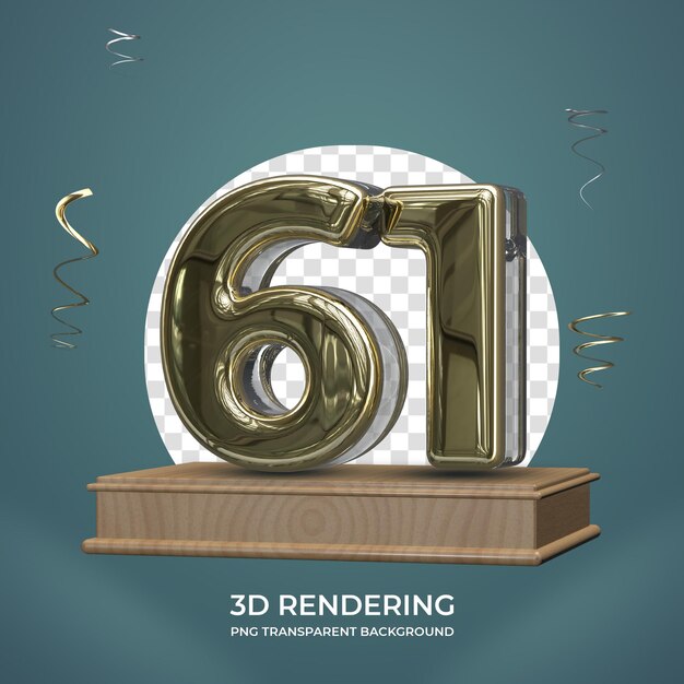 PSD número de oro 61 en el escenario 3d render fondo transparente