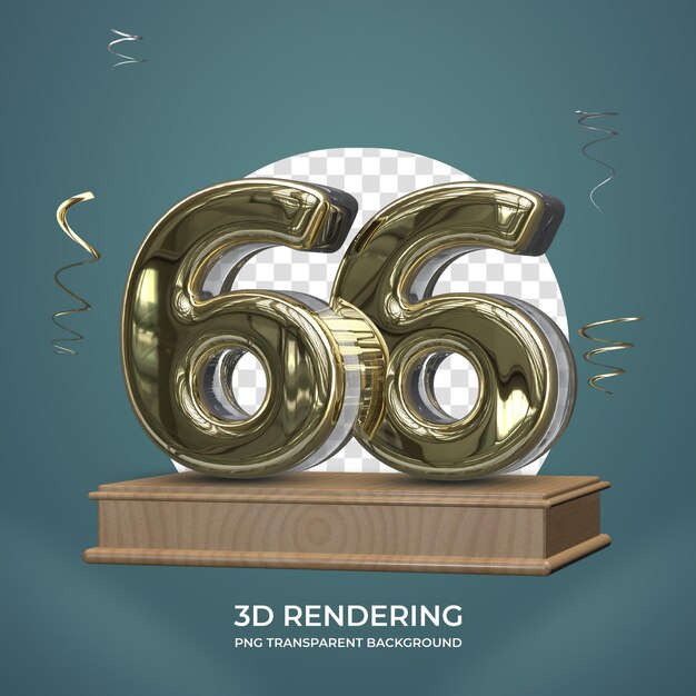 Número de oro 66 en el escenario 3d render fondo transparente