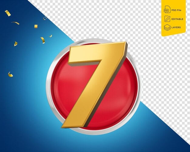 Número de oro 7 Ícono rojo redondeado con partículas en fondo aislado