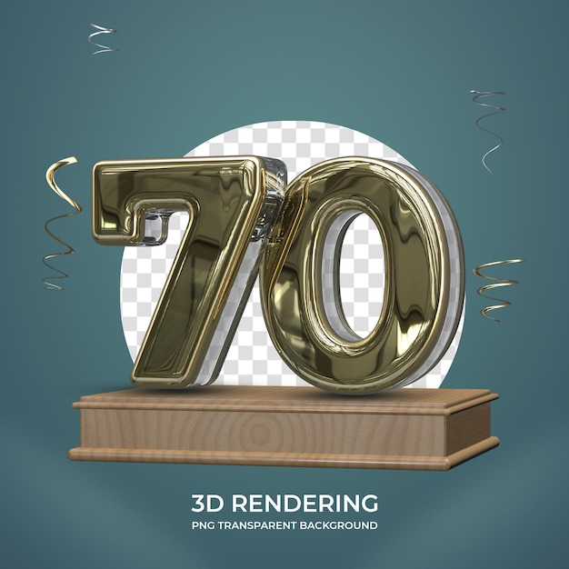 Número de oro 70 en el escenario 3d render fondo transparente
