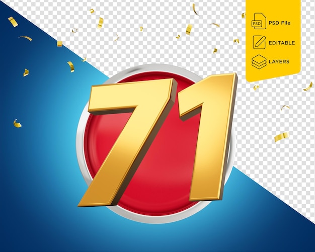 Número de oro 71 setenta y uno en icono rojo redondeado con partículas Ilustración 3d