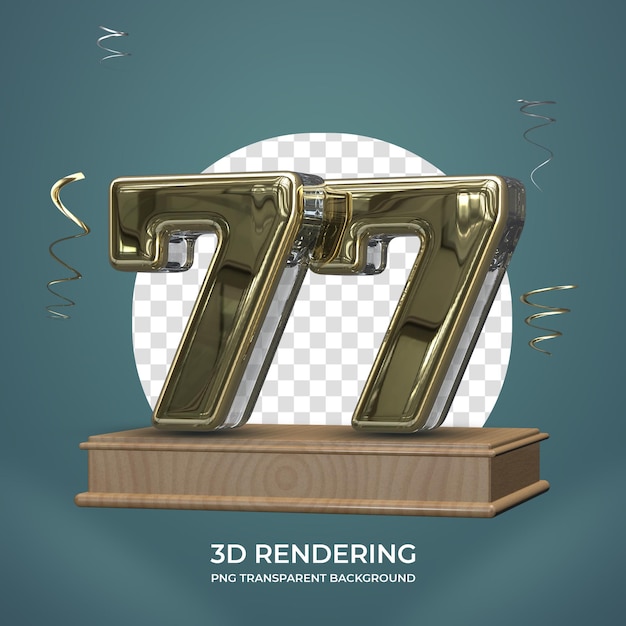 Número de oro 77 en el escenario 3d render fondo transparente