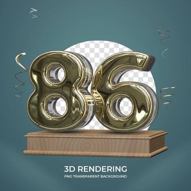 Número de oro 86 en el escenario 3d render fondo transparente