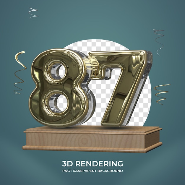 Número de oro 87 en el escenario 3d render fondo transparente
