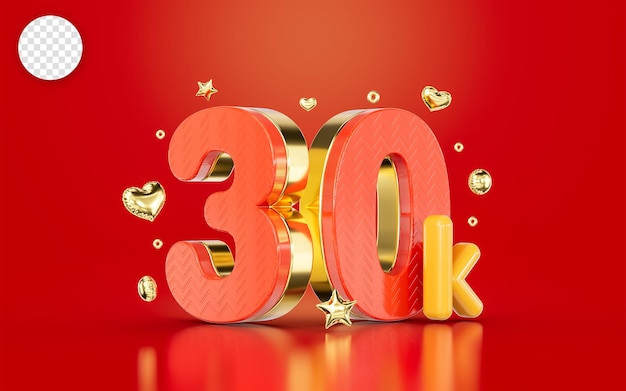 número de oro rojo 30k treinta mil seguidores en las redes sociales Celebración de suscriptores 3d render