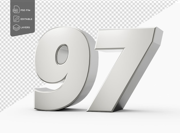 Número de plata brillante 97 noventa y siete Número de prata aislado en fondo blanco Ilustración 3d