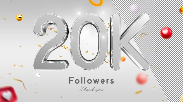 Un número plateado 20k con fondo plateado y las palabras 20k seguidores.