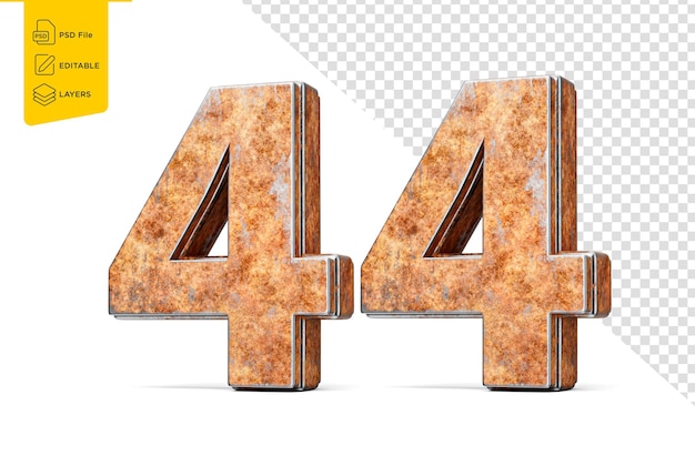 Numero quarantaquattro 44 cifre fatte di vecchia consistenza metallica di ferro arrugginito sfondo bianco illustrazione 3d
