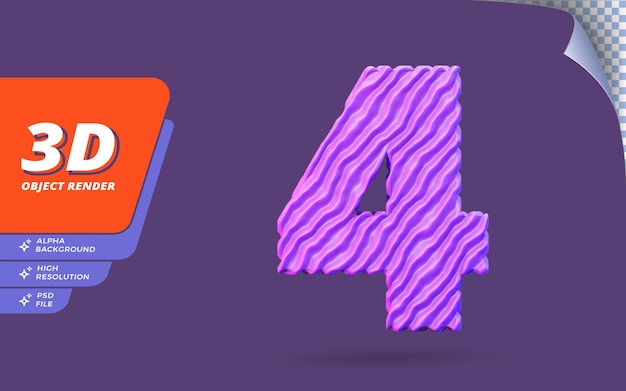 Numéro quatre, numéro 4 en rendu 3d isolé avec illustration abstraite de conception de texture de fil violet topographique