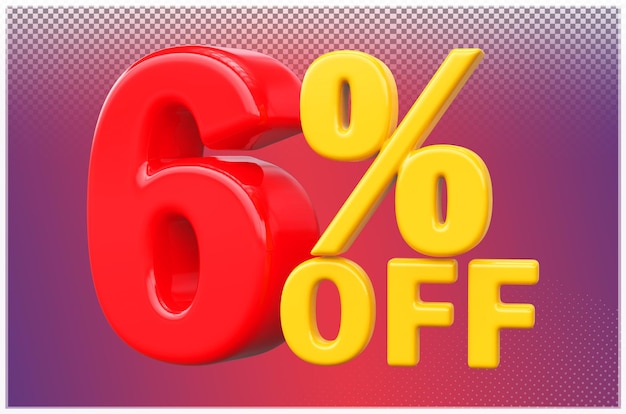 Número rojo 6 por ciento de descuento de venta Descuento 3D Render