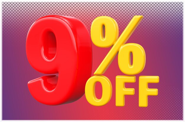 Número rojo 9 por ciento de descuento de venta Descuento 3D Render