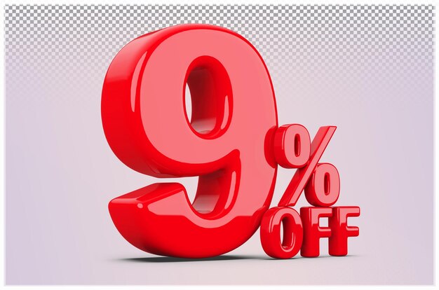 Número rojo 9 por ciento de descuento de venta Descuento 3D Render