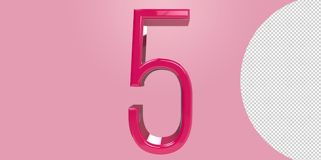 Numero rosa 5 isolato su sfondo trasparente. Illustrazione resa 3D.