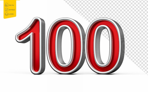 Numero rosso vibrante cento 100 con lucciore metallico e bordi abbagliati illustrazione 3D