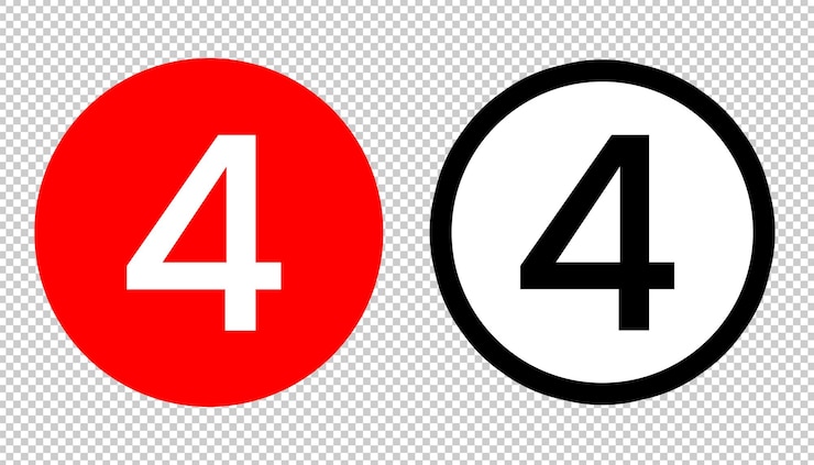 PSD numéro rouge quatre modèle d'icône cercle rouge transparent numéro noir et blanc numéro 4 symbole