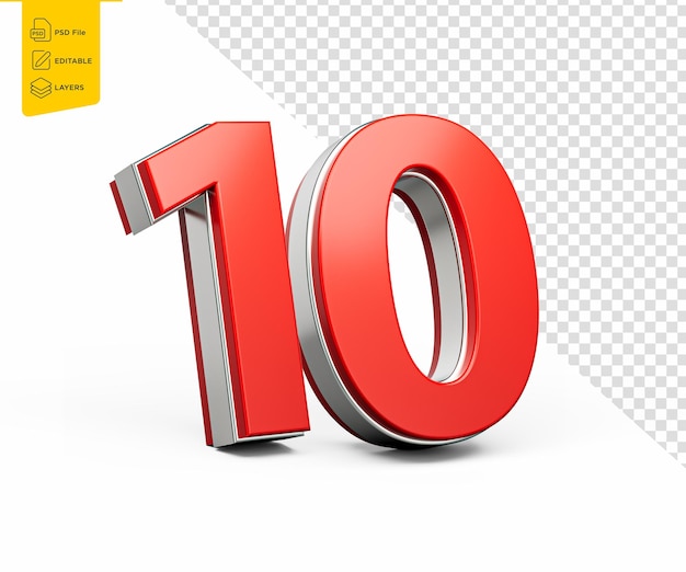 Numéro rouge vibrant numéro dix numéro 10 avec métallique sur fond blanc illustration 3D