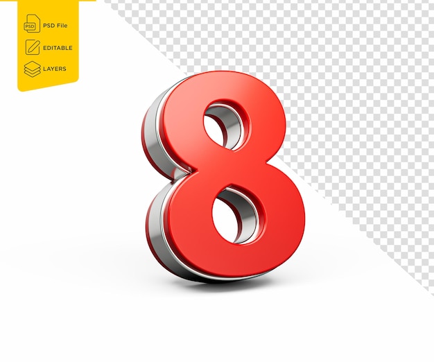 Numéro rouge vif numéro huit numéro 8 avec une lueur métallique élégante sur fond blanc illustration 3D