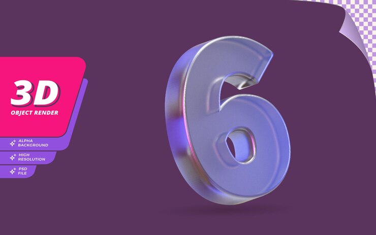 PSD número seis, número 6 en 3d render aislado con ilustración de diseño de textura de cristal de vidrio metálico abstracto