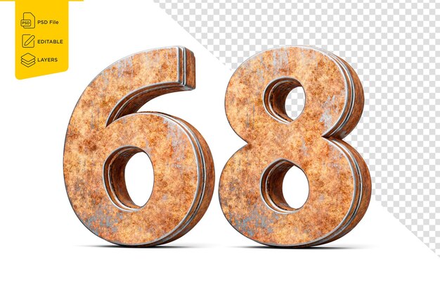 Número sesenta y ocho 68 dígitos hechos de viejo hierro oxidado textura de metal fondo blanco ilustración 3d