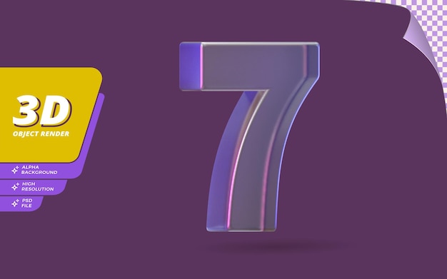 Número siete, número 7 en 3d render aislado con ilustración de diseño de textura de cristal de vidrio metálico abstracto