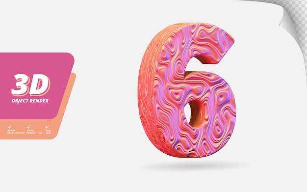 Numéro six, numéro 6 en rendu 3d isolé avec illustration de conception abstraite topographique en or rose texture ondulée