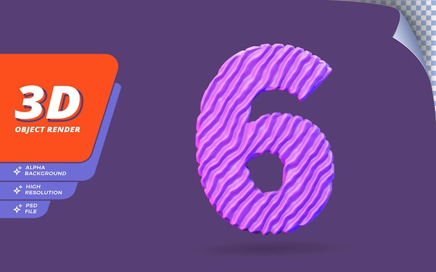 PSD numéro six, numéro 6 en rendu 3d isolé avec illustration de conception de texture de fil violet topographique abstrait