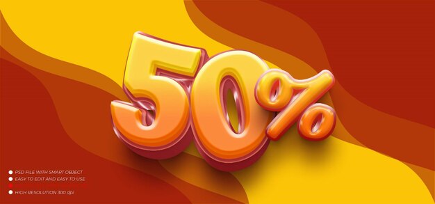Número de texto 3d cincuenta por ciento con estilo editable de efecto de texto