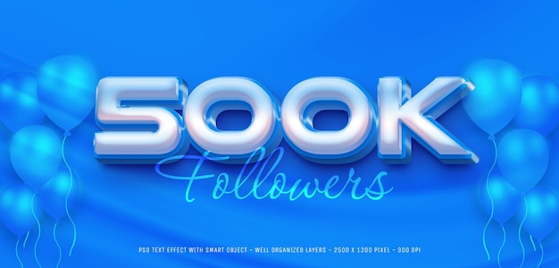 Número de texto de seguidores 500k efecto de estilo 3d editable