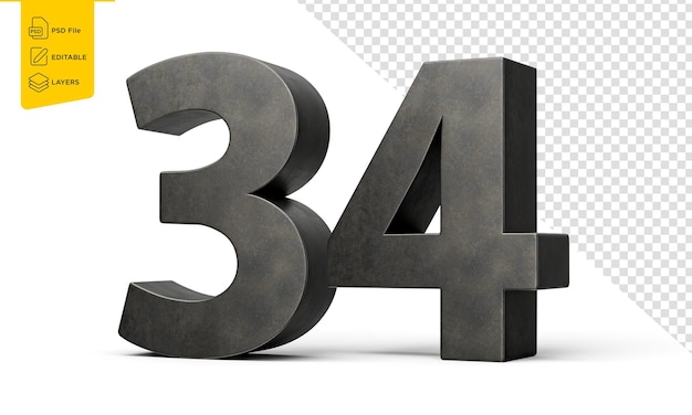 Número treinta y cuatro 34 dígitos hechos de hierro fundido liso gris sobre fondo blanco Ilustración 3d