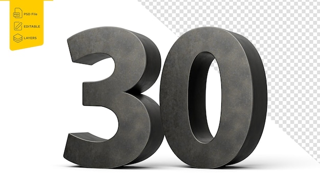 Número treinta y treinta dígito hecho de hierro fundido liso gris aislado sobre fondo blanco Ilustración 3d