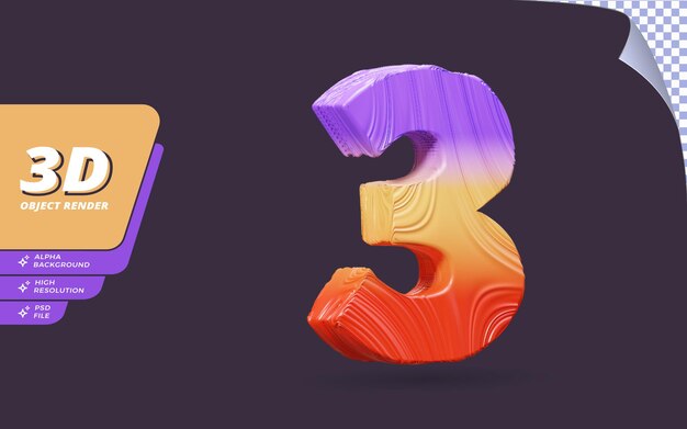 Número tres, número 3 en 3d render aislado con ilustración de diseño de textura de degradado abstracto