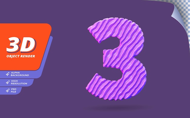 PSD numéro trois, numéro 3 en rendu 3d isolé avec illustration abstraite de conception de texture de fil violet topographique