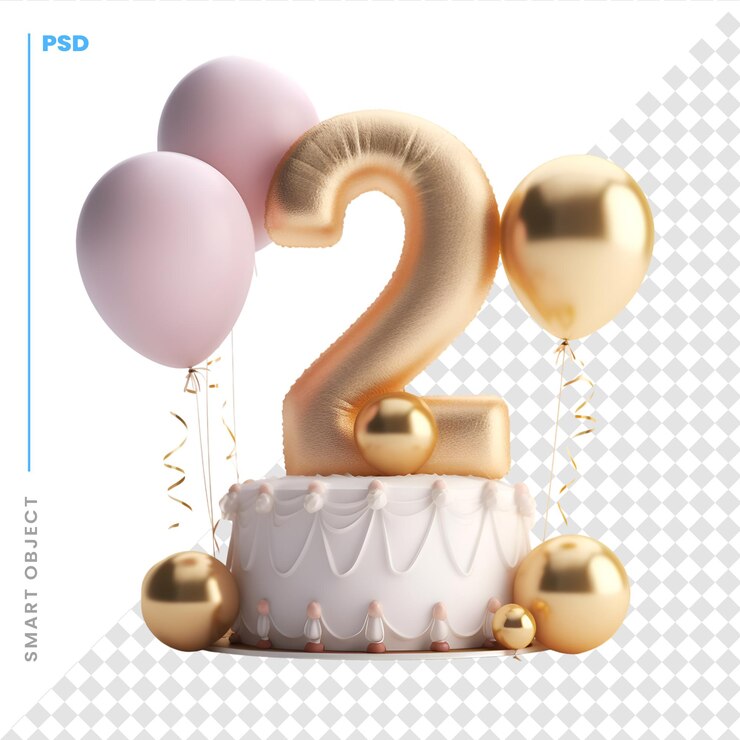 PSD número veintitrés pastel de cumpleaños con globos y cintas aislado sobre fondo blanco.