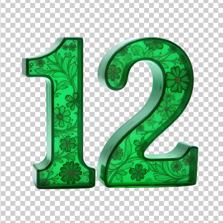 PSD un número verde hecho de vidrio con un patrón de flores