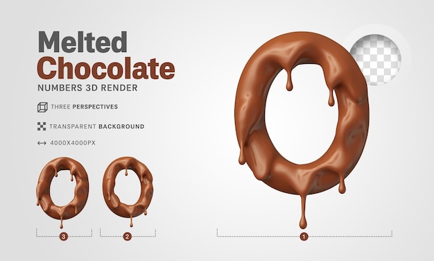 Número zero 0 em chocolate derretido 3d renderização realista para composições de páscoa