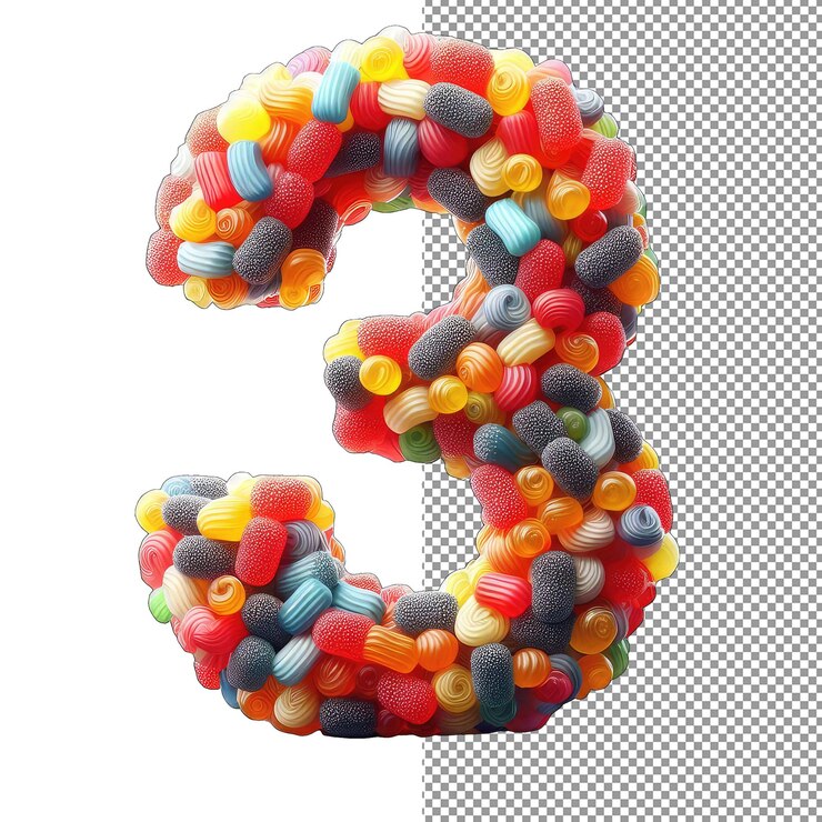 PSD números de caramelo número de goma 3d único en esplendor transparente