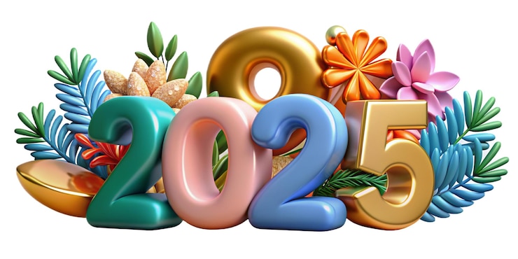 PSD números coloridos 3d 2025 con decoraciones festivas estilo plástico brillante para celebraciones de año nuevo
