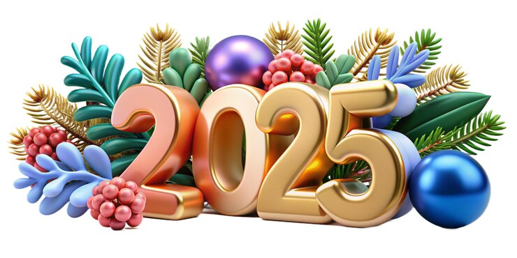 PSD números coloridos 3d 2025 con decoraciones festivas estilo plástico brillante para celebraciones de año nuevo