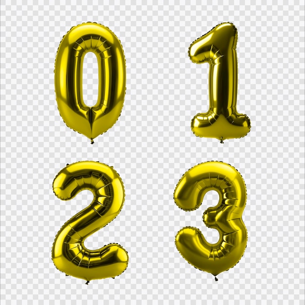 Números de balões dourados num fundo transparente