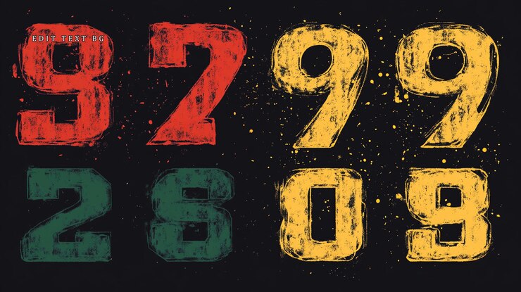 PSD números de textura grunge 92 99 28 03 em vermelho amarelo verde