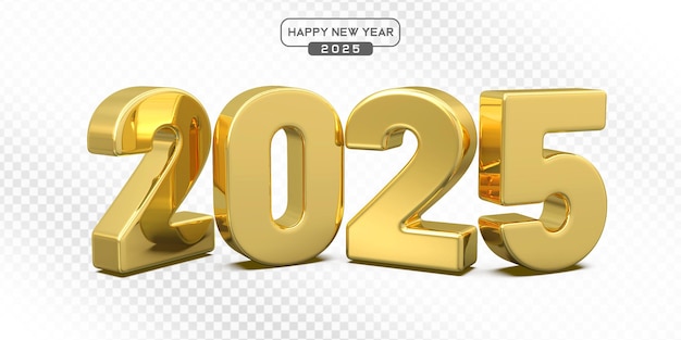 Números dourados 2025 em renderização 3D para celebrações de Ano Novo