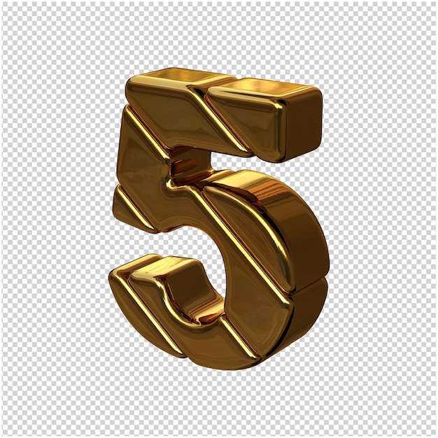 Números feitos de barras de ouro girados para a esquerda. 3d número 5