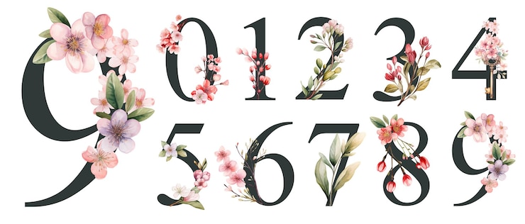 PSD números florais de aquarela com flores silvestres de 0 a 9