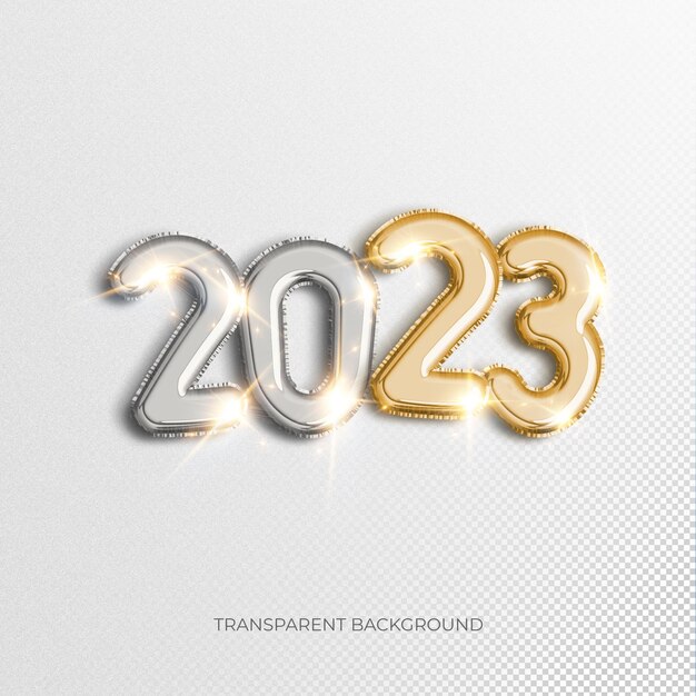 Números de globos dorados y plateados de Año Nuevo 2023 Representación 3D con fondo transparente